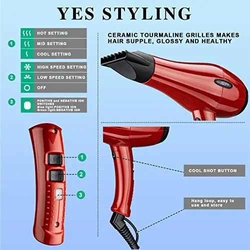 Professional Salon Hair Dryer, Blow Dryer Active Oxygen Negative ions Dryer with 2 AttacModazoneents, Cool Shot Button Low Noise for Fast Drying for Family, Low Noise (Mirror Red) - 3