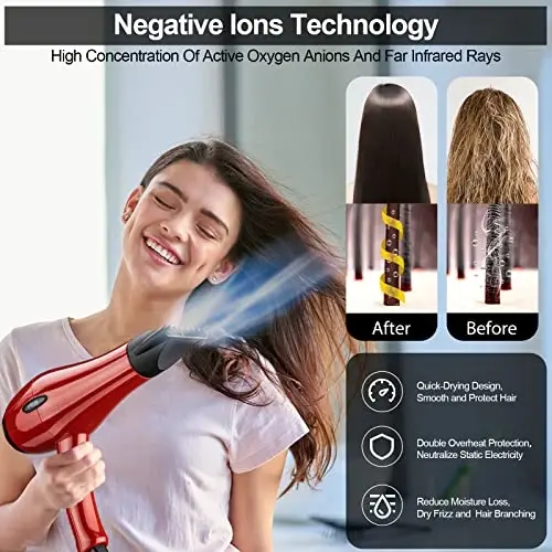 Professional Salon Hair Dryer, Blow Dryer Active Oxygen Negative ions Dryer with 2 AttacModazoneents, Cool Shot Button Low Noise for Fast Drying for Family, Low Noise (Mirror Red) - 4
