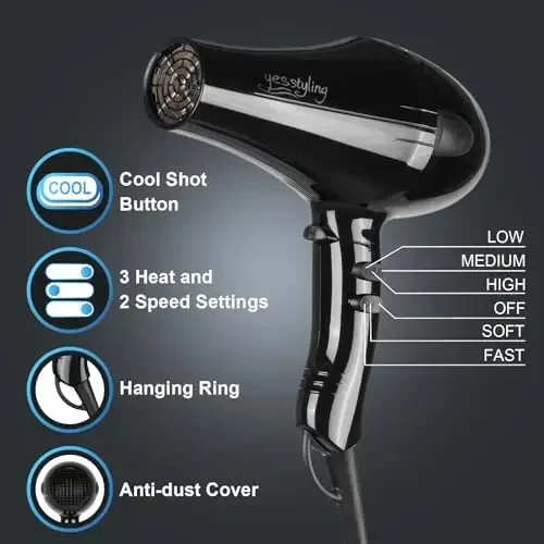Professional Salon Hair Dryer, Blow Dryer Active Oxygen Negative ions Dryer with AttacModazoneents for Fast Drying for Family, Low Noise (Mirror Black, 1 Accessory) - 3
