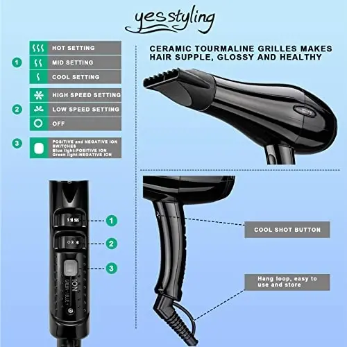 Professional Salon Hair Dryer, Blow Dryer Active Oxygen Negative ions Dryer with AttacModazoneents for Fast Drying for Family, Low Noise (Mirror Black, 2 Accessories) - 3