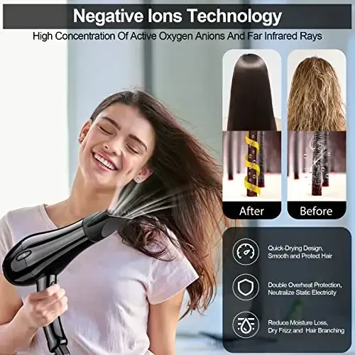 Professional Salon Hair Dryer, Blow Dryer Active Oxygen Negative ions Dryer with AttacModazoneents for Fast Drying for Family, Low Noise (Mirror Black, 2 Accessories) - 4