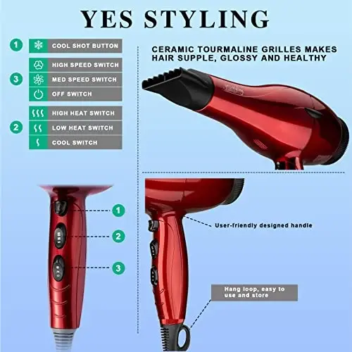 Professional Salon Soch Quritgichi, 1875W Fen, 2 Konsentrator Uchi, 3 Harorat Sozlamalari, 2 Tezlik Sürgülü Anahtarı, Sovuq Urish Tugmasi, Oila uchun Tez Quritish, Past Shovqin (Cola Red) - 3