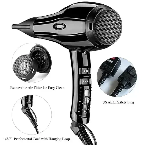 Professional Salon Soch Quritgichi, Fen Aktiv Kislorodli Salbiy Ionli Fen, Oila uchun Tez Quritish uchun AttacModazone'li, Kam shovqin (Ko'zgu Qora, 2 Aksessuar) - 5