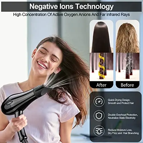 Professional Salon Soch Quritgichi, Fen Aktiv Kislorodli Salbiy Ionli Fen, Oila uchun Tez Quritish uchun AttacModazone'li, Kam shovqin (Ko'zgu Qora, 2 Aksessuar) - 4