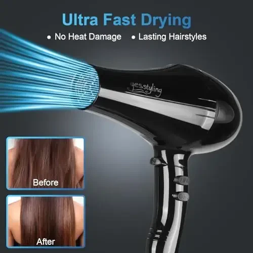 Professional Salon Soch Quritgichi, Fen Aktiv Kislorodli Salbiy Ionli Fen, Tez Quritish uchun Oila uchun AttacModazone'lar bilan, Kam Shovqin (Oynali Qora, 1 Aksessuar) - 6