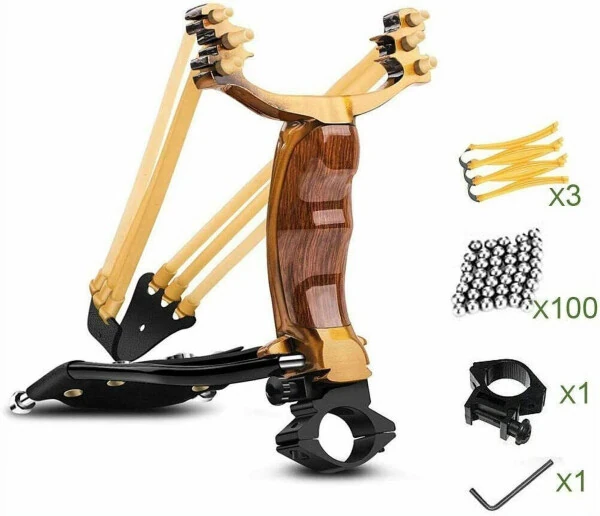 Professional Slingshot Kit for Adults, Outdoor High Velocity Catapult Fish Hunting Slingshot with 100 Ammo Balls and 3 Rubber Bands - Brown - WELAN