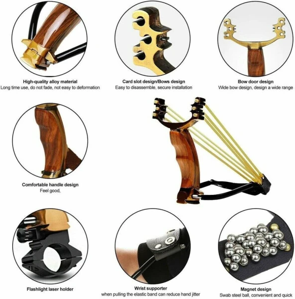 Professional Slingshot Kit for Adults, Outdoor High Velocity Catapult Fish Hunting Slingshot with 100 Ammo Balls and 3 Rubber Bands - Brown - 5