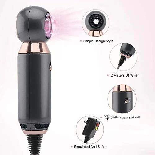 Professional Soch Quritgich 800W Yengil va ixcham Quritgich Kuchli oqim Soch Quritgichlari sayohat va uy uchun Konsentrator naychasi Kulrang - Modazone (1)