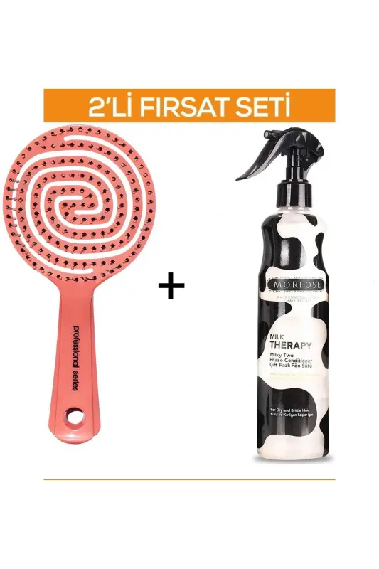 Profesyonel 3 Boyutlu Saç Fırçası + Milk Therapy Fön Sütü 400 ml 2'li Set - Pembe - 1