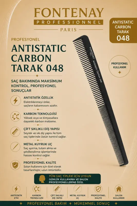 Profesyonel Antistatic Carbon Tarak 048 - Siyah - FONTENAY