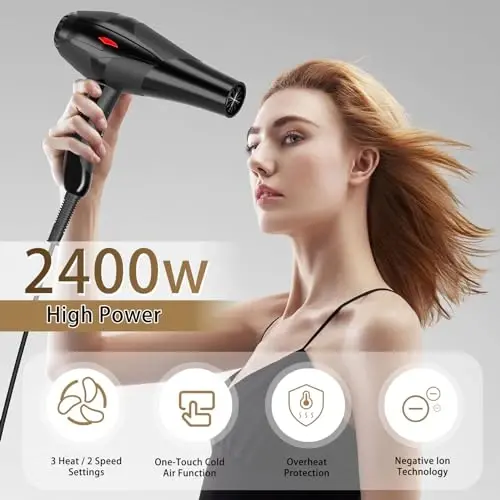 Hair Dryer Professional Ionic Salon Hair Dryer 2400W Powerful Fast-Drying Blue Light Ionic Hair Dryers with Diffuser, AC Motor Constant Temperature Quiet Ion Dryers for Women Men - 2