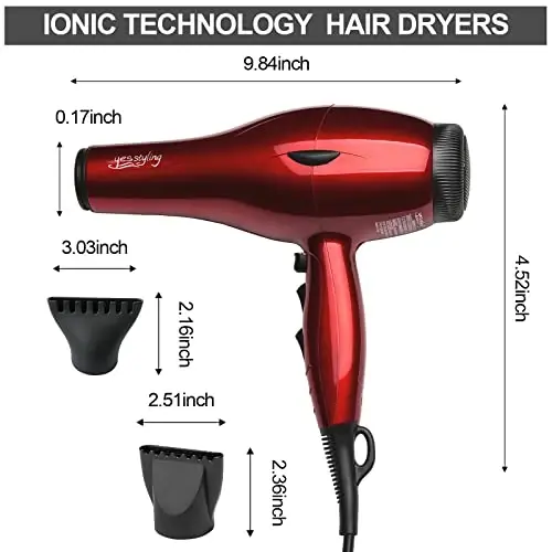 Professional Salon Hair Dryer, 1875W Blow Dryer, 2 Concentrator Nozzles, 3 Heat Settings, 2 Speed Slide Switch, Cool Shot Button, Fast Drying for Family, Low Noise (Cola Red) - 2