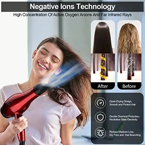 Professional Salon Hair Dryer, 1875W Blow Dryer, 2 Concentrator Nozzles, 3 Heat Settings, 2 Speed Slide Switch, Cool Shot Button, Fast Drying for Family, Low Noise (Cola Red) - 4