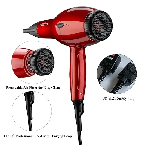 Professional Salon Hair Dryer, 1875W Blow Dryer, 2 Concentrator Nozzles, 3 Heat Settings, 2 Speed Slide Switch, Cool Shot Button, Fast Drying for Family, Low Noise (Cola Red) - 5