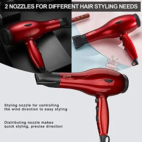 Professional Salon Hair Dryer, 1875W Blow Dryer, 2 Concentrator Nozzles, 3 Heat Settings, 2 Speed Slide Switch, Cool Shot Button, Fast Drying for Family, Low Noise (Cola Red) - 6