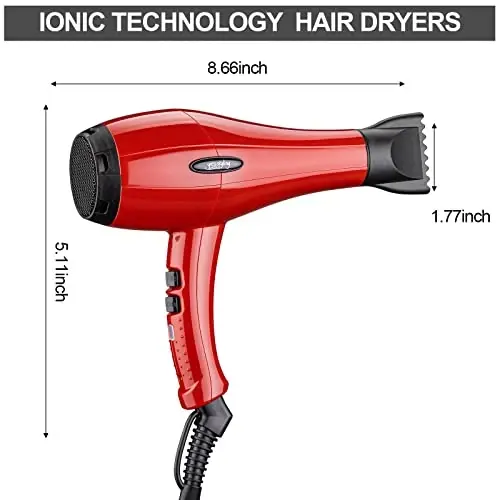 Professional Salon Hair Dryer, Blow Dryer Active Oxygen Negative ions Dryer with 2 AttacModazoneents, Cool Shot Button Low Noise for Fast Drying for Family, Low Noise (Mirror Red) - 2