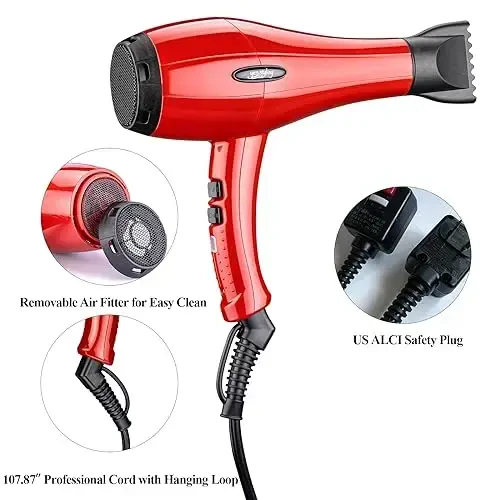 Professional Salon Hair Dryer, Blow Dryer Active Oxygen Negative ions Dryer with 2 AttacModazoneents, Cool Shot Button Low Noise for Fast Drying for Family, Low Noise (Mirror Red) - 5