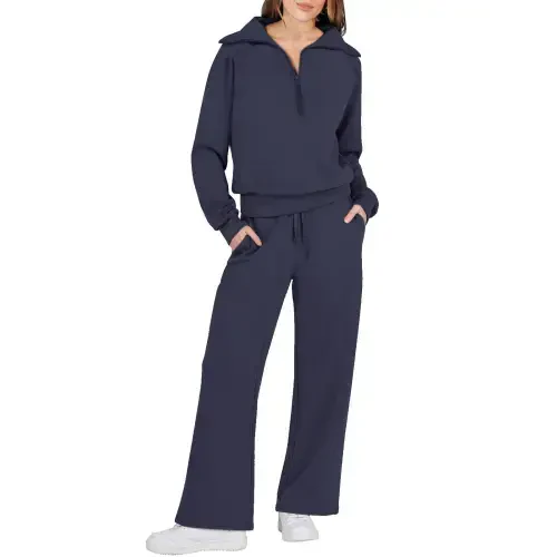 Prolriy Sweatsuits for Women Two Piece Outfits Sweatsuit Set Quarter Zip Sweatshirt Wide Leg Sweatpant Fall Set Tracksuit Womens 2 Piece Outfits Navy L - 1