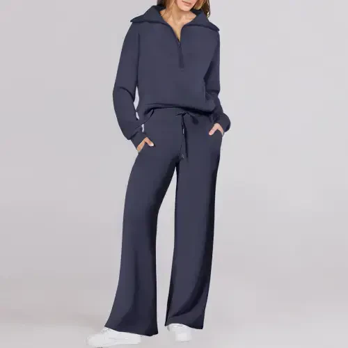 Prolriy Sweatsuits for Women Two Piece Outfits Sweatsuit Set Quarter Zip Sweatshirt Wide Leg Sweatpant Fall Set Tracksuit Womens 2 Piece Outfits Navy L - 3