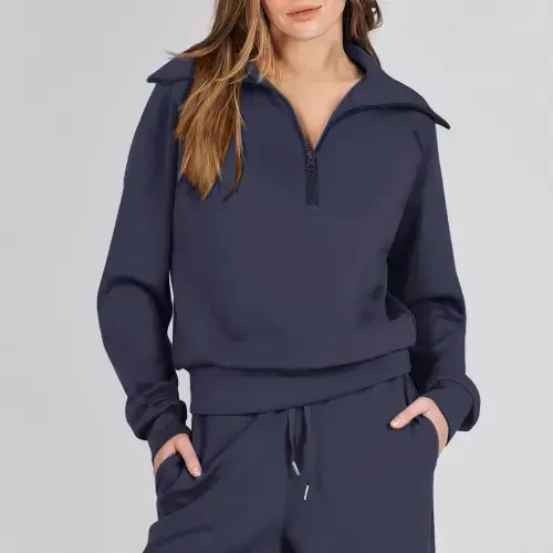 Prolriy Sweatsuits for Women Two Piece Outfits Sweatsuit Set Quarter Zip Sweatshirt Wide Leg Sweatpant Fall Set Tracksuit Womens 2 Piece Outfits Navy L - 4