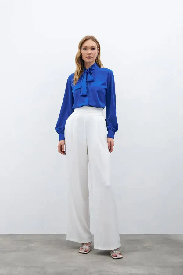 Простая рубашка с завязками на шее - саксовый синий - 6