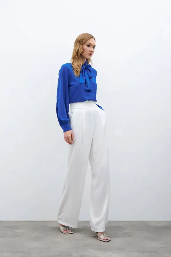 Простая рубашка с завязками на шее - саксовый синий - 7