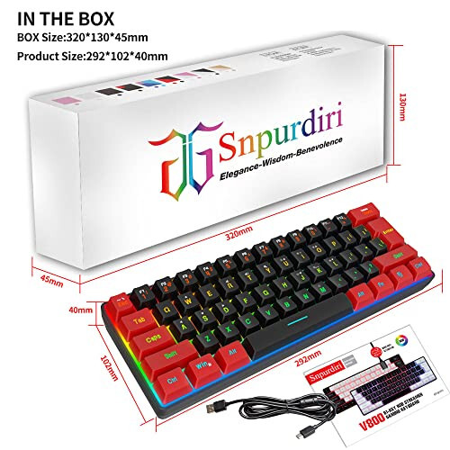 Проводная игровая клавиатура Snpurdiri 60%, RGB-подсветка, малая мембранная игровая клавиатура, ультракомпактная мини-клавиатура для ПК-геймера, красный и черный - 5