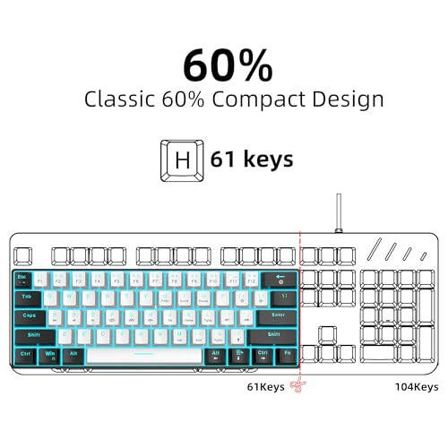 Проводная механическая игровая клавиатура Snpurdiri 60%, с подсветкой LED синего цвета, 61 клавиша, мини-проводная офисная клавиатура для ноутбука Windows PC Mac (черно-белая, синие переключатели) - 2