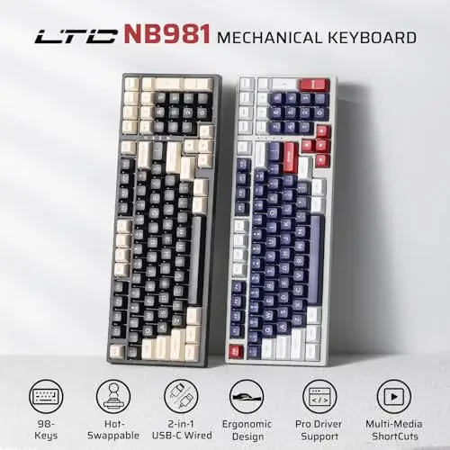 Проводная механическая клавиатура LTC NB981 Nimbleback 98 клавиш, 96% игровая клавиатура с белой подсветкой, красные переключатели, Mecha Blue - 2