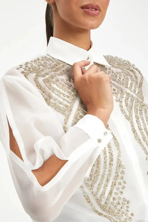Прозрачная длинная рукава золото вышитый стильный экрю рубашка 39901 - 3