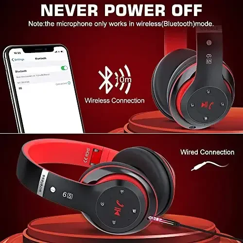 Prtukyt 6S Bluetooth Headphones Over-Ear, Hi-Fi Stereo Foldable Wireless Stereo Headsets Earbuds with Built-in Mic, Volume Control, FM for iPhone/Samsung/iPad/PC (Black & Red) - 5