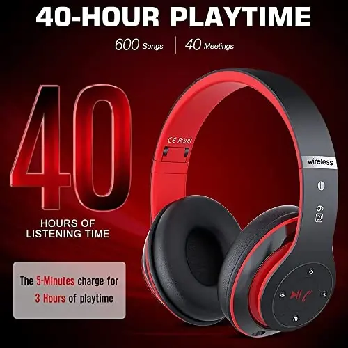 Prtukyt 6S Bluetooth Headphones Over-Ear, Hi-Fi Stereo Foldable Wireless Stereo Headsets Earbuds with Built-in Mic, Volume Control, FM for iPhone/Samsung/iPad/PC (Black & Red) - 3