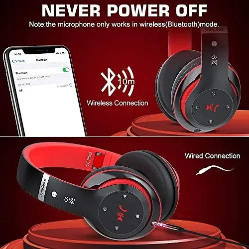Prtukyt 6S Bluetooth Headphones Over-Ear, Hi-Fi Stereo Foldable Wireless Stereo Headsets Earbuds with Built-in Mic, Volume Control, FM for iPhone/Samsung/iPad/PC (Black & Red) - 5