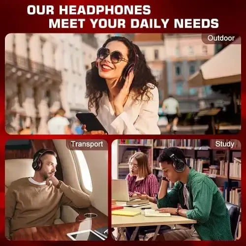 Prtukyt 6S Bluetooth Quloqchinlari Quloq ustida, Hi-Fi Stereo Yig'iladigan Simsiz Stereo Garnituralar O'rnatilgan Mikrofon, Ovozni boshqarish, iPhone/Samsung/iPad/Kompyuter uchun FM (Qora va Qizil) - 2