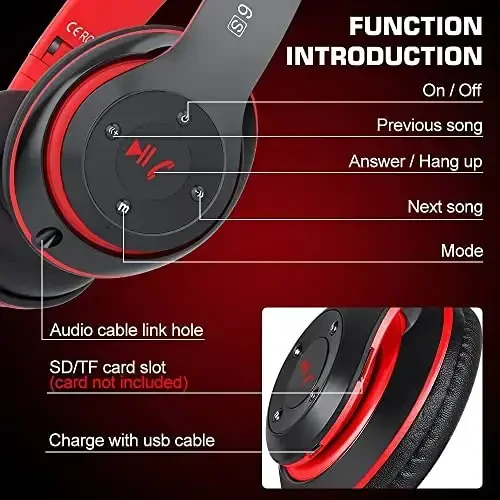 Prtukyt 6S Bluetooth Quloqchinlari Quloq ustida, Hi-Fi Stereo Yig'iladigan Simsiz Stereo Garnituralar O'rnatilgan Mikrofon, Ovozni boshqarish, iPhone/Samsung/iPad/Kompyuter uchun FM (Qora va Qizil) - 6