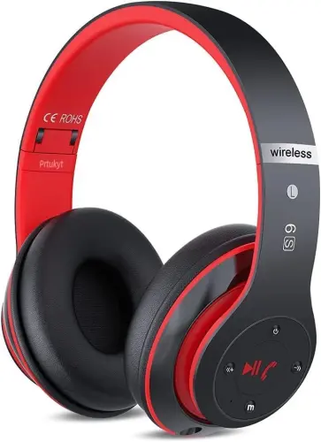 Prtukyt 6S Bluetooth Quloqchinlari Quloq ustida, Hi-Fi Stereo Yig'iladigan Simsiz Stereo Garnituralar O'rnatilgan Mikrofon, Ovozni boshqarish, iPhone/Samsung/iPad/Kompyuter uchun FM (Qora va Qizil) 