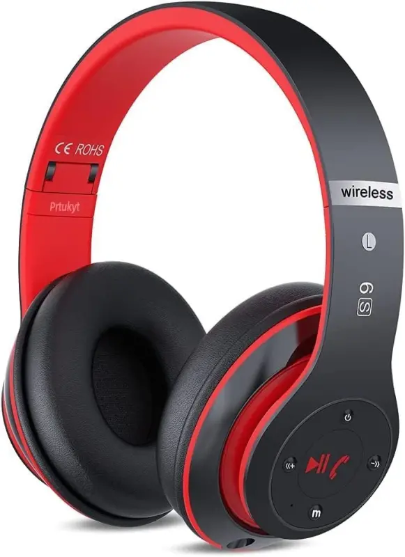 Prtukyt 6S Bluetooth Quloqchinlari Quloq ustida, Hi-Fi Stereo Yig'iladigan Simsiz Stereo Garnituralar O'rnatilgan Mikrofon, Ovozni boshqarish, iPhone/Samsung/iPad/Kompyuter uchun FM (Qora va Qizil) - PRTUKYT