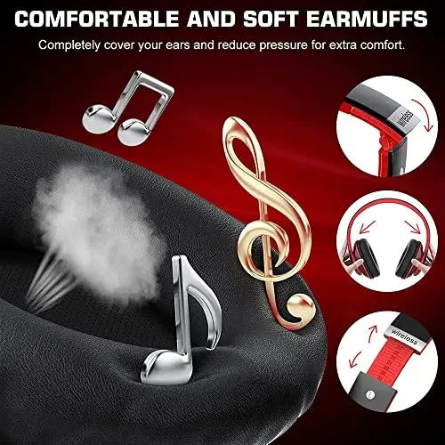 Prtukyt 6S Bluetooth Quloqchinlari Quloq ustida, Hi-Fi Stereo Yig'iladigan Simsiz Stereo Garnituralar O'rnatilgan Mikrofon, Ovozni boshqarish, iPhone/Samsung/iPad/Kompyuter uchun FM (Qora va Qizil) - 4