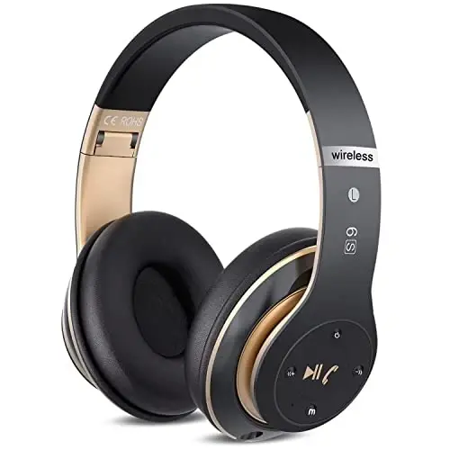 PRTUKYT 6S Simsiz Bluetooth Quloqchinlar Quloq Usti, Hi-Fi Stereo Katlanadigan Simsiz Stereo Quloqchinlar Mikrofonli, Ovoz Balansi, Telefon/Kompyuter Uchun FM (Qora & Oltin) - PRTUKYT