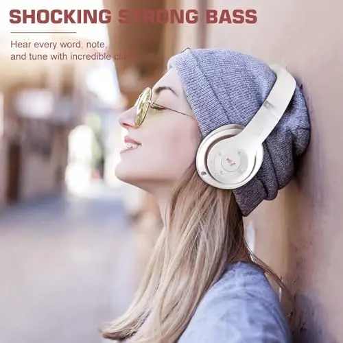 Prtukyt 6S Simsiz Bluetooth Quloqchinlar Quloq ustida, Hi-Fi Stereo Katlanadigan Simsiz Stereo Garnituralar O'rnatilgan Mikrofon, Ovozni boshqarish, Telefon/Kompyuter uchun FM (Oq va Pushti Oltin) - 2