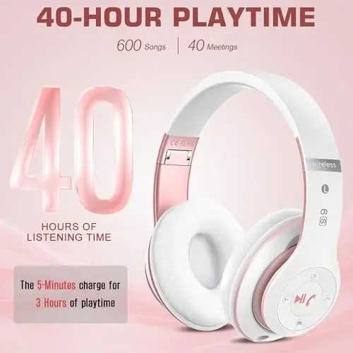 Prtukyt 6S Simsiz Bluetooth Quloqchinlar Quloq ustida, Hi-Fi Stereo Katlanadigan Simsiz Stereo Garnituralar O'rnatilgan Mikrofon, Ovozni boshqarish, Telefon/Kompyuter uchun FM (Oq va Pushti Oltin) - 3