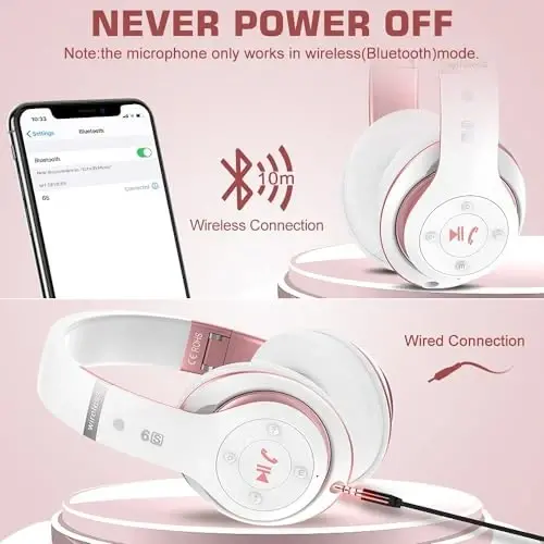 Prtukyt 6S Simsiz Bluetooth Quloqchinlar Quloq ustida, Hi-Fi Stereo Katlanadigan Simsiz Stereo Garnituralar O'rnatilgan Mikrofon, Ovozni boshqarish, Telefon/Kompyuter uchun FM (Oq va Pushti Oltin) - 4