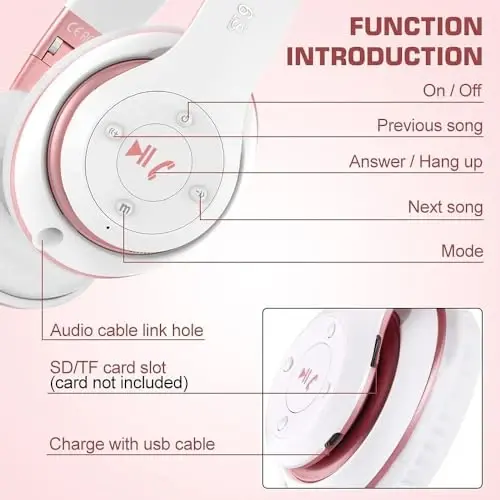 Prtukyt 6S Simsiz Bluetooth Quloqchinlar Quloq ustida, Hi-Fi Stereo Katlanadigan Simsiz Stereo Garnituralar O'rnatilgan Mikrofon, Ovozni boshqarish, Telefon/Kompyuter uchun FM (Oq va Pushti Oltin) - 6