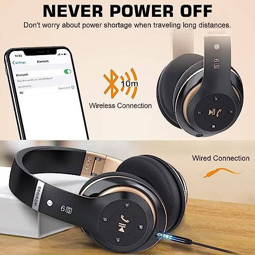 PRTUKYT 6S Wireless Bluetooth Headphones Over Ear, Hi-Fi Stereo Foldable Wireless Stereo Headsets Earbuds with Built-in Mic, Volume Control, FM for Phone/PC (Black & Gold) - 9