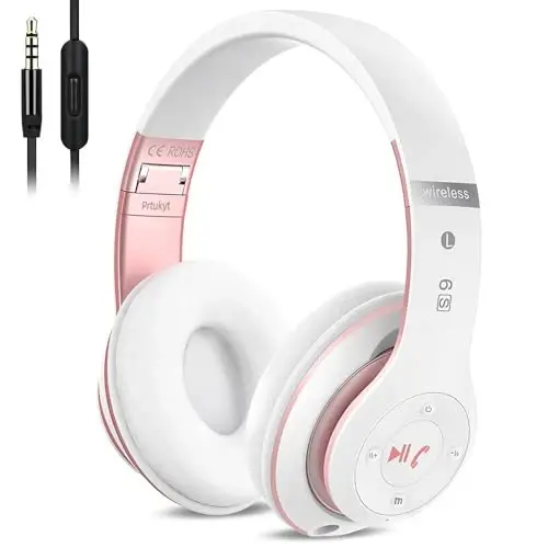 Prtukyt 6S Wireless Bluetooth Headphones Over Ear, Hi-Fi Stereo Foldable Wireless Stereo Headsets Earbuds with Built-in Mic, Volume Control, FM for Phone/PC (White & Rose Gold) - PRTUKYT