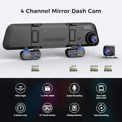 PRUVEEO 12'' Mirror Dash Cam 4 Channel,360 Degree View Rear View Mirror Camera,Dash cam Front and Rear Inside Left Right, IR Night Vision,GPS,Parking Monitor,Free 128GB Card - 2