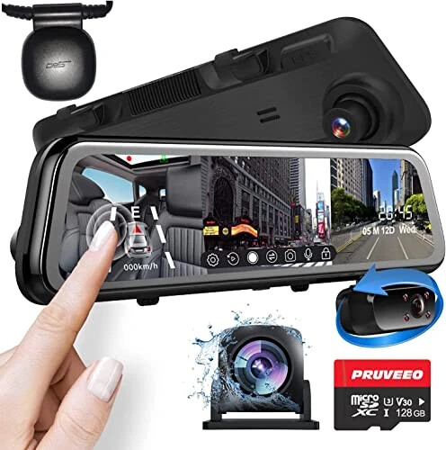 PRUVEEO 2K Mirror Dash Cam 3 Channel,Rear View Mirror Camera,Dash cam Front and Rear Inside,12'' Full Touch Screen, IR Night Vision,GPS,Parking Assistance,Free128GB Card - 1