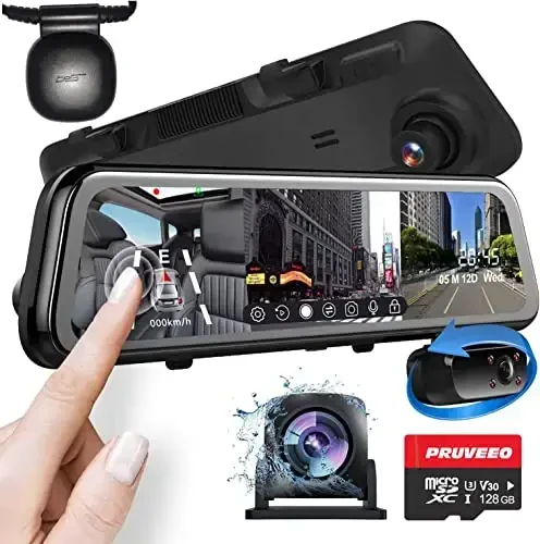 PRUVEEO 2K Mirror Dash Cam 3 Channel,Rear View Mirror Camera,Dash cam Front and Rear Inside,12'' Full Touch Screen, IR Night Vision,GPS,Parking Assistance,Free128GB Card - PRUVEEO