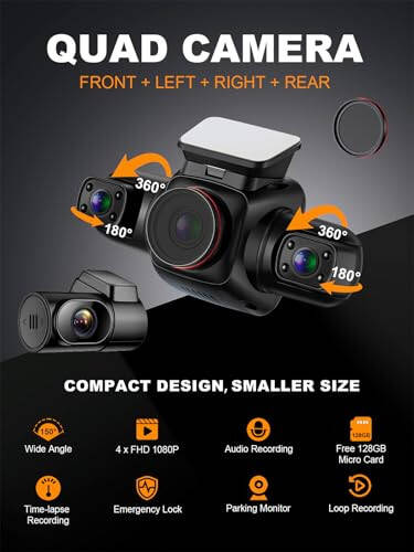 PRUVEEO 360 Degree View 4 Channel Dash Cam Front and Rear Inside Left Right, Dash Camera for Cars with CPL, Built-in GPS WiFi Night Vision, 24/7 Recording Parking Mode Monitor, Free 128G Card - 5