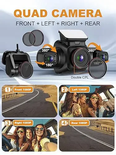 PRUVEEO 360 Degree View 4 Channel Dash Cam Front and Rear Inside Left Right, Dash Camera for Cars with CPL, Built-in GPS WiFi Night Vision, 24/7 Recording Parking Mode Monitor, Free 128G Card - 9